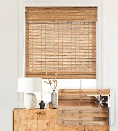 Vista 29 de LazBlinds - Cortinas romanas de bambú personalizadas sin cordón, tratamiento de ventana con filtro de luz, persianas enrollables de bambú retro