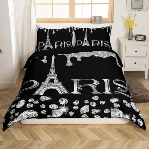 Vista 17 de Erosebridal Funda de edredón de la Torre Eiffel para niñas, juego de ropa de cama romántica de París azul, negro y blanco, funda de edredón