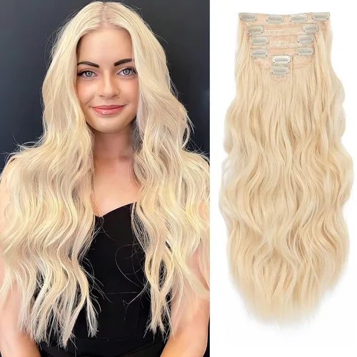 Vista 30 de NAYOO - Extensiones de cabello con clip, extensiones sintéticas onduladas de 20 pulgadas, 6 unidades Wavy Curly Hair, Full Head Coverage, Heat