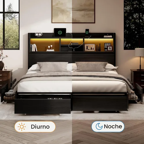 Vista 6 de BRELTAM Base de cama de almacenamiento tamaño Queen con 6 cajones, estación de carga USB, sin ruido, no requiere somier, cama de plataforma con Negro
