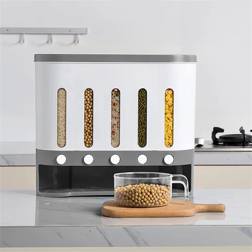 Vista 7 de Dispensador de alimentos secos,Dispensador de frijoles de rejilla montado en la pared 5,Dispensador de arroz 19.8 libras Almacenamiento de cocina