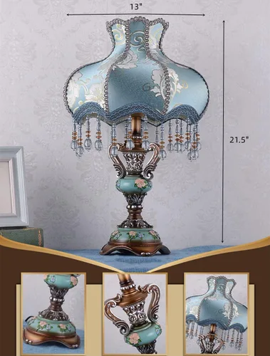 Vista 3 de Lámpara victoriana antigua OTTOSON de tela azul lámpara de mesa pastoral europea lámpara de mesa de noche en forma de florero 1 cabeza flor flor
