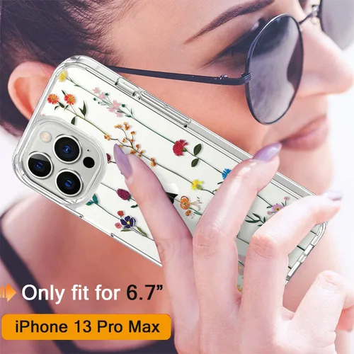Vista 2 de Funda para iPhone 13 Pro Max con protector de pantalla, 6.7 pulgadas, transparente, a prueba de golpes, diseño floral, para niñas y mujeres