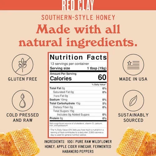 Vista 2 de Red Clay Hot Honey - Sin gluten - Miel picante paleo - Miel picante 100% pura y cruda - Miel infundida con pimientos habaneros - Dulce con un toque