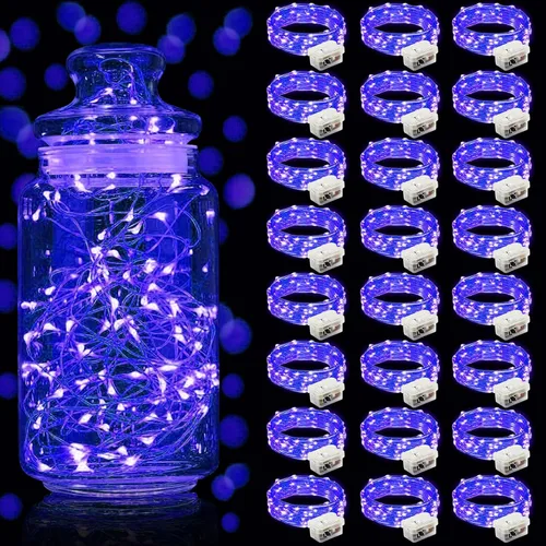 Vista 46 de Aogist Paquete de 24 luces de hadas, 3 modos, 2,1 metros, 20 luces LED, impermeables, cable plateado, funcionan con pilas, mini luces de alambre