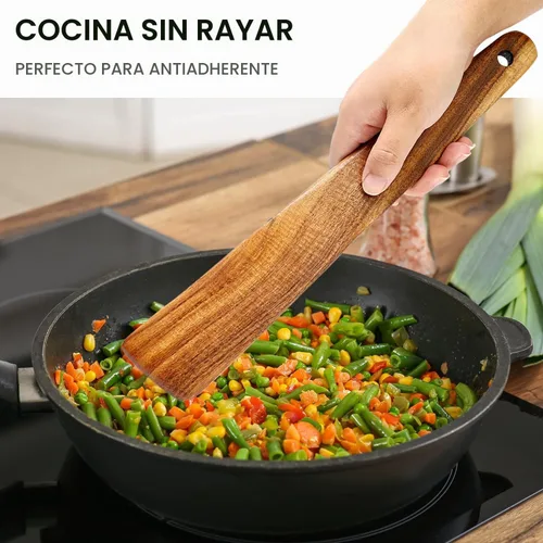 Vista 6 de Espátula de madera de acacia para cocinar cuchara no tóxica juego de 4 piezas