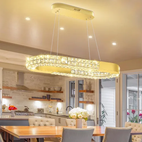 Vista 10 de Candelabro LED de anillo dorado para sala de estar, comedor y dormitorio, lámparas de cristal modernas, iluminación colgante, lámparas ajustables