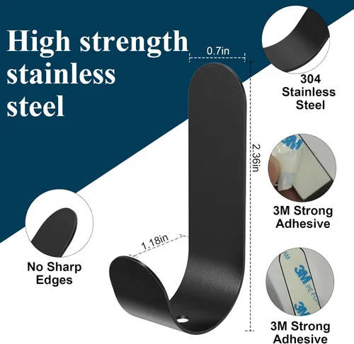 Vista 3 de ATDOALL Ganchos adhesivos para toallas, 20 ganchos de pared autoadhesivos de acero inoxidable, gancho de ducha negro resistente, impermeable, a