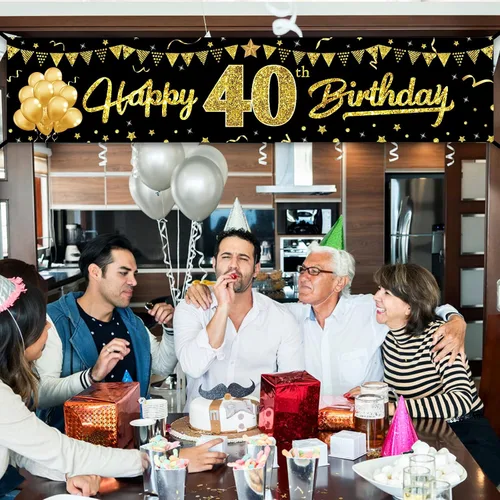 Vista 3 de Cartel decorativo de cumpleaños número 40 para hombres y mujeres, suministros de fiesta de letrero negro y dorado de 40 años, decoración de fiesta