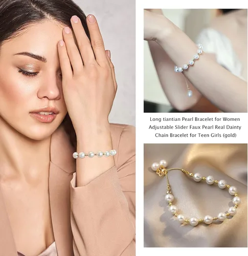 Vista 5 de Long tiantian Pulsera de perlas para mujer, ajustable, con perlas sintéticas, auténticas, delicadas, para adolescentes y niñas