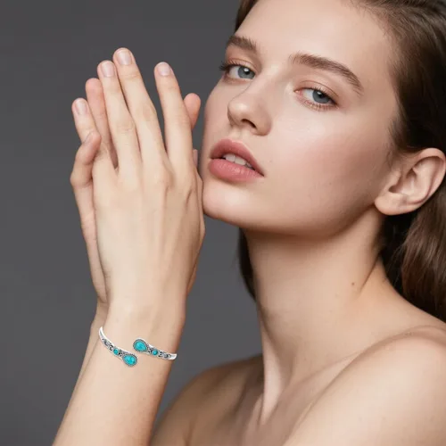 Vista 2 de Pulsera de turquesa para mujer, plata de ley 925, turquesa auténtica, pulsera abierta, ajustable, apilable, vintage, piedra natural, regalos