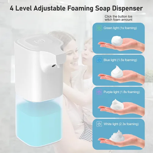 Vista 2 de Dispensador automático de jabón espumoso, espuma ajustable de 4 niveles, dispensador automático de jabón de manos de 11.8 fl oz, recargable