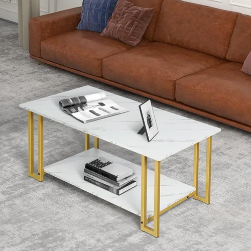Vista 3 de Mesa de centro de mármol blanco con patas de metal dorado, mesa auxiliar rectangular de 2 niveles para sala de estar (patas de metal dorado)