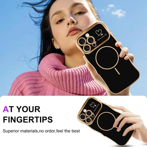 Vista 5 de Fiyart - Funda diseñada para iPhone 16 Pro, marco de onda lindo con forma rizada, corazones de amor chapados para mujeres y niñas, protección