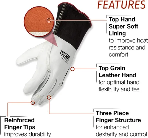 Vista 2 de Lincoln Electric Guantes de soldadura TIG Premium Cuero de grano superior Alta destreza Medianos K2983-M, Blanco