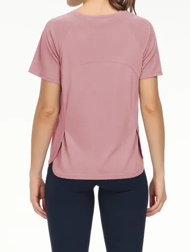 Vista 4 de THE GYM PEOPLE Camisetas de entrenamiento de manga corta para mujer, camisetas de yoga transpirables con aberturas laterales