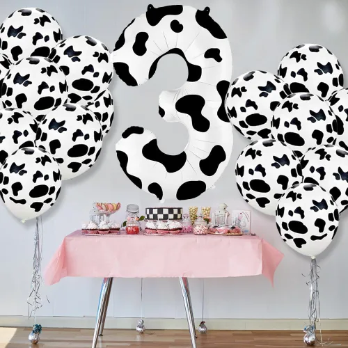 Vista 4 de Globo con estampado de vaca de 40 pulgadas, globo número 3, suministros para fiesta de cumpleaños con temática de vaca, globos de número para granja
