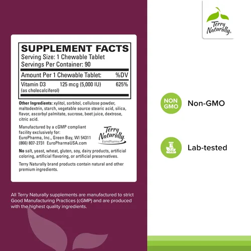 Vista 2 de Terry Naturally Vitamina D3 - Suplemento de apoyo para la salud ósea y la fuerza ósea, apoyo al sistema inmunológico y al cerebro, tabletas