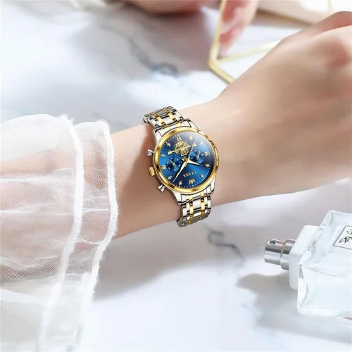 Vista 8 de OLEVS Reloj multifuncional de dos tonos para mujer, reloj analógico de cuarzo para mujer, de acero inoxidable, resistente al agua, con diamantes