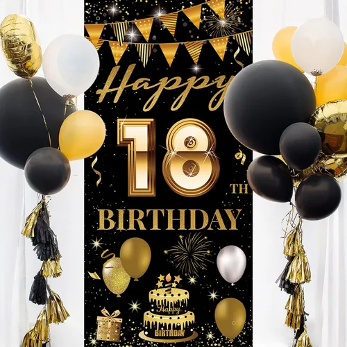 Vista 5 de Cartel de puerta de fiesta de cumpleaños número 18, decoración de feliz cumpleaños 18 para niñas y niños, telón de fondo negro dorado para fotos