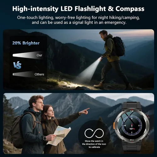Vista 10 de IOWODO Reloj inteligente militar para hombre, batería de 100 días de duración, rastreador de actividad física con linterna LED / brújula, monitor