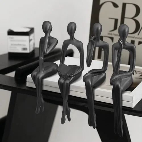 Vista 4 de Estatua de pensador de decoración de acento negro, estatuas para decoración del hogar, abstracto, sentado, pensador, escultura de escritorio