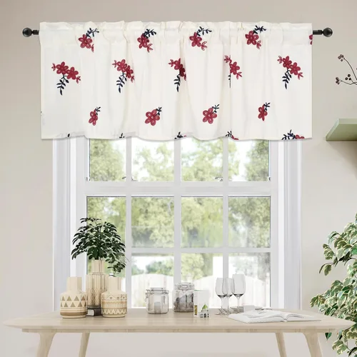 Vista 9 de Molaxhome Cenefas de ventana bordadas florales opacas con bolsillo para barra, cortinas para cocina, color verde, 29 pulgadas de ancho x 24 pulgadas