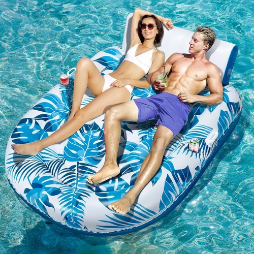 Vista 8 de JCLEAL Flotadores de piscina para adultos de 1-2-3 personas, tumbona inflable extra grande, silla reclinable reclinable con respaldo, reposapiés