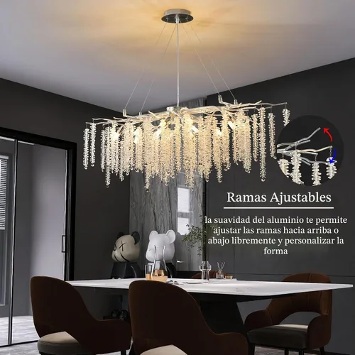Vista 5 de Candelabro Rectangular Moderno de Ramas de Árbol de Cristal, L40'' Plata Lineal Art Deco Gota de Lluvia Lámpara Colgante Interior para Isla
