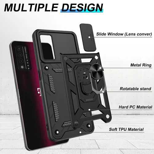 Vista 4 de ATUMP Funda para T-Mobile Revvl V Plus 5G con protector de pantalla HD con cubierta de cámara deslizante, soporte de anillo de rotación de 360° Negro