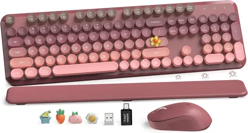 Vista 12 de Combo de teclado y mouse inalámbricos, teclado retro con teclas redondas, teclado estilo máquina de escribir de tamaño completo con reposamuñecas