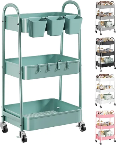 Vista 10 de Carrito rodante de 3 niveles de metal gris, carrito de almacenamiento de malla con asa y ruedas con cerradura, carritos organizadores