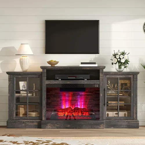 Vista 7 de AMERLIFE Soporte de TV con chimenea de 70 pulgadas para televisores de hasta 80 pulgadas, consola multimedia con armarios de almacenamiento