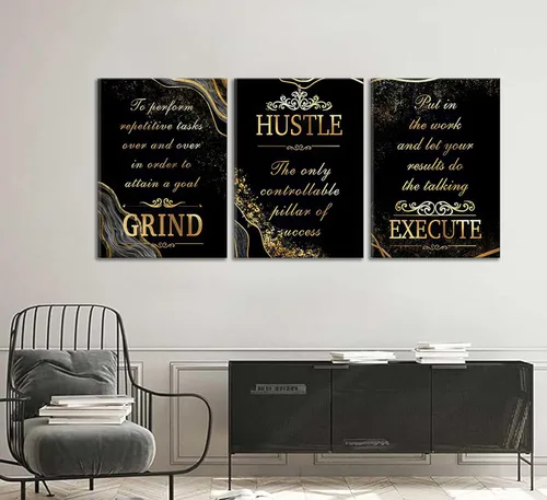 Vista 3 de 3 piezas de lienzo inspirador de oro negro para oficina, arte de pared, motivacional, moler ajetreo, ejecución, fotos inspiradoras, decoración