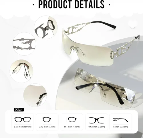 Vista 2 de YOGFIT Lentes de sol Y2K sin montura para mujeres y hombres, a la moda, envolventes, futuristas, geniales