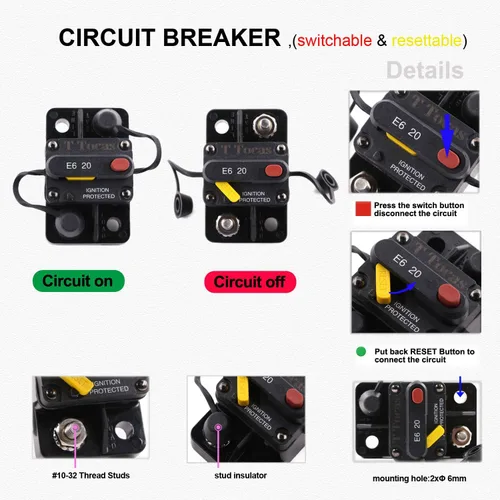 Vista 3 de E69 Interruptor de circuito de 10 A T3 con restablecimiento manual Mini de montaje en superficie IP66 Interruptor conmutable de 10 A