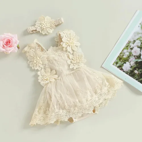 Vista 2 de Ropa de bebé niña Floral Boho Lace Romper Mameluco Mameluco Mono Mono Traje Verano Ropa Bebé Niñas