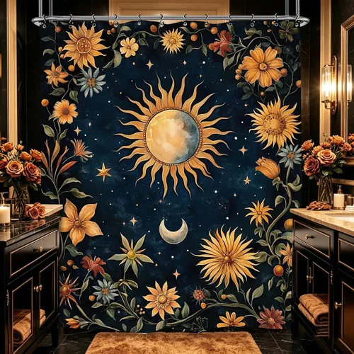 Vista 20 de Cortina de ducha gótica del zodiaco con fases lunares, constelación, astrología, galaxia, misteriosa, tarot, bruja, estética, 60 pulgadas de ancho