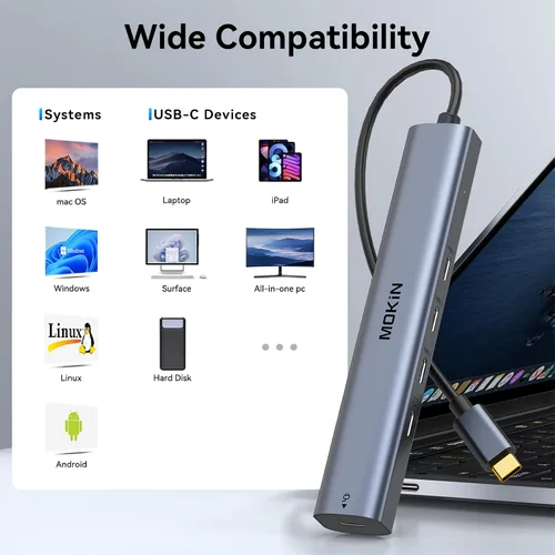 Vista 8 de Hub USB C de 10 Gbps, divisor USB C MOKiN con salida de video 4K a 60Hz, carga PD de 100 W, transferencia de datos, dongle multipuerto USB 4