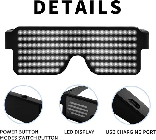 Vista 15 de Gafas LED dinámicas que brillan con luz LED recargable por USB, con luz intermitente de neón, 11 patrones, gafas luminosas