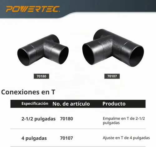 Vista 6 de POWERTEC 70107V 4" T-Fitting para manguera de recolección de polvo, 1 paquete Ajuste en T de 4 pulgadas