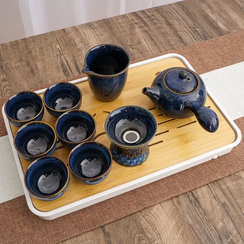 Vista 5 de Juego de té chino de cerámica Kung Fu, juego de té para adultos de 9 piezas, juego de té de la tarde, juego en caja de regalo perfecto para los Azul