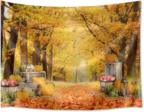 Vista 4 de HVEST Tapiz de hojas de arce otoñales para colgar en la pared, hojas de arce caídas, bosque y calabaza, tapiz para colgar en la pared, tapiz