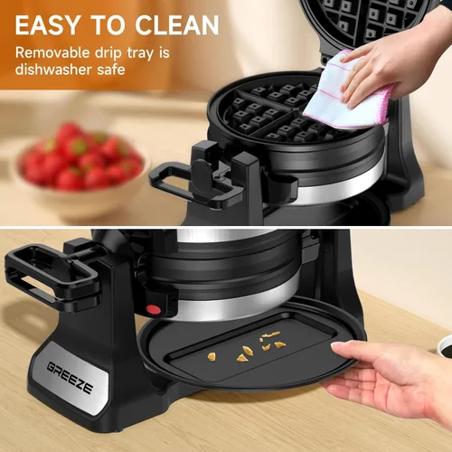 Vista 7 de Waflera, Waflera Belga Doble con Giro de 180°, Plancha para Wafles de 1400W para 8 Rebanadas, Placas Giratorias y Antiadherentes con Bandeja