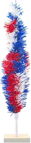 Vista 5 de Árbol de Navidad para el 4 de julio, cepillo de oropel mixto rojo, blanco y azul, estilo plumas, con base base, 18 pulgadas