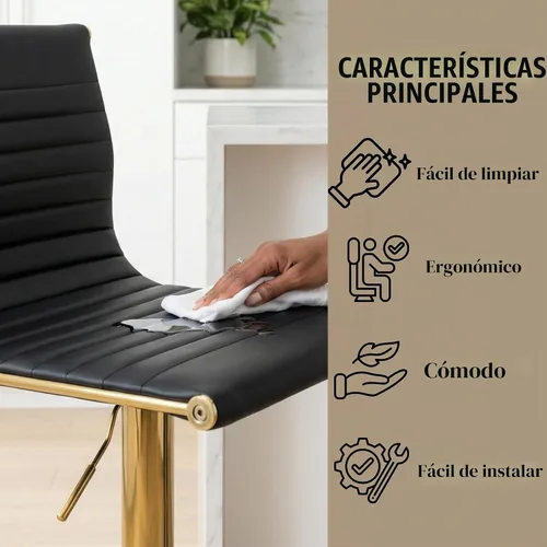 Vista 4 de Taburetes de bar ajustables de piel sintética, taburete de bar negro y dorado con respaldo, moderno taburete giratorio de altura de mostrador