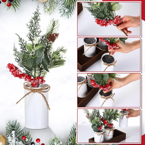 Vista 6 de Yunlly Centros de mesa de Navidad, bayas rojas, piñas artificiales de Navidad, ramas de nieve, púas con caja de madera para decoración rústica
