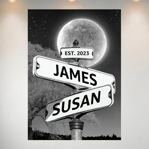 Vista 14 de Cartel de calle vintage de lienzo personalizado para parejas, cartel de cruce de caminos con nombre personalizado, el mejor regalo para parejas