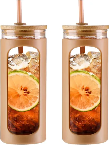 Vista 21 de Kodrine Vaso para agua de vidrio de 20 onzas con popote y tapa, botella de agua con tapas de bambú, taza para café helado, reutilizable, boca ancha