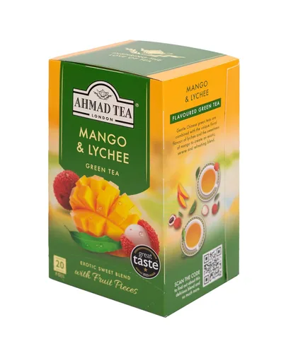 Vista 4 de Ahmad Tea Bolsitas de té verde, mango y lichi, 20 unidades (paquete de 1) - Sin cafeína y sin azúcar